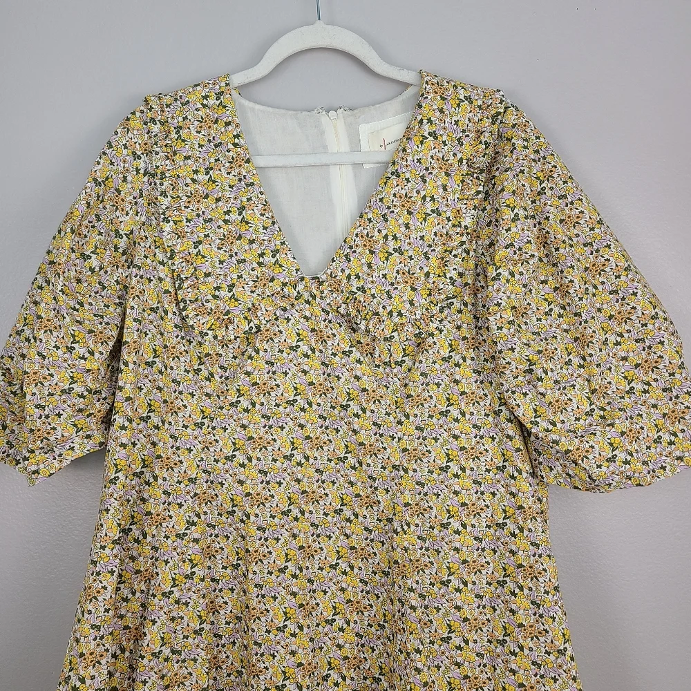 Anthropologie Yellow Lightweight Floral Cotton Collared Puff Sleeve Mini Dress - Picture 6 of 16